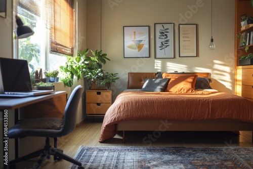 Cozy bedroom with decorative elements and natural light from windows in a tra...