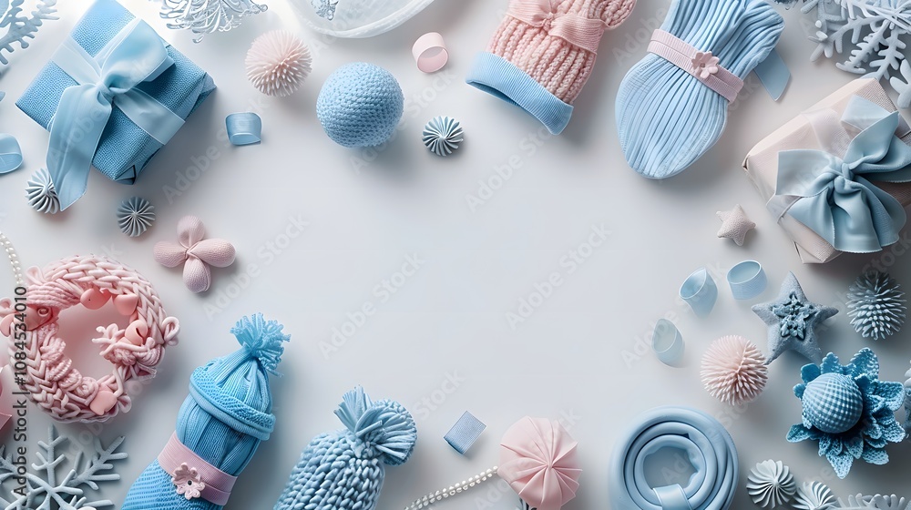 Flat lay of pastel pink and blue winter baby gifts, hats, and snowflake decorations on a white background, perfect for seasonal baby showers or festive nursery designs.
Flat lay of pastel pink and blue winter baby gifts, hats, and snowflake decorations on a white background, perfect for seasonal baby showers or festive nursery designs.