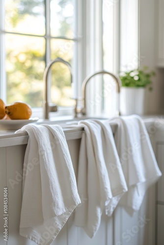 Bright kitchen with white towels, lemon fruit, and natural light during the day