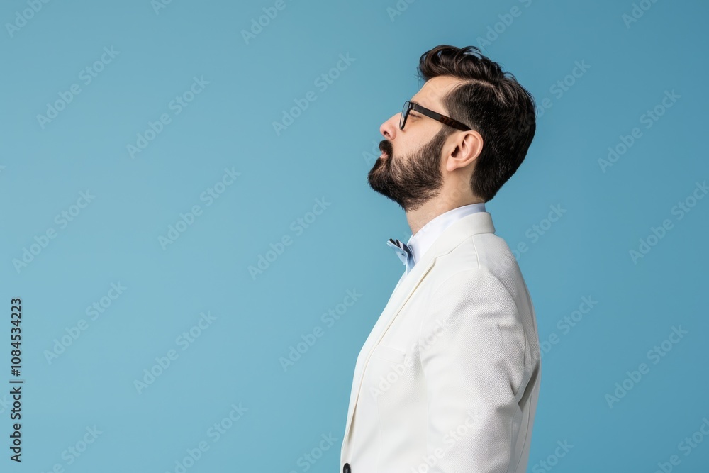 American business guy in white outfit on blue background. American business guy in white outfit on blue background.