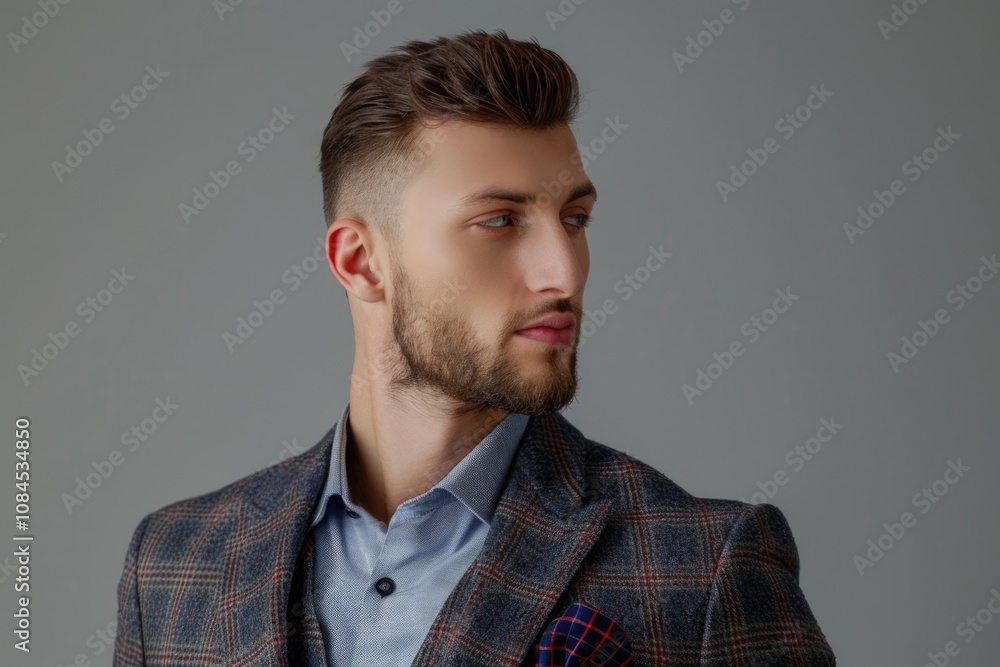 Stylish classy person in blazer jacket isolated on grey. Stylish classy person in blazer jacket isolated on grey.