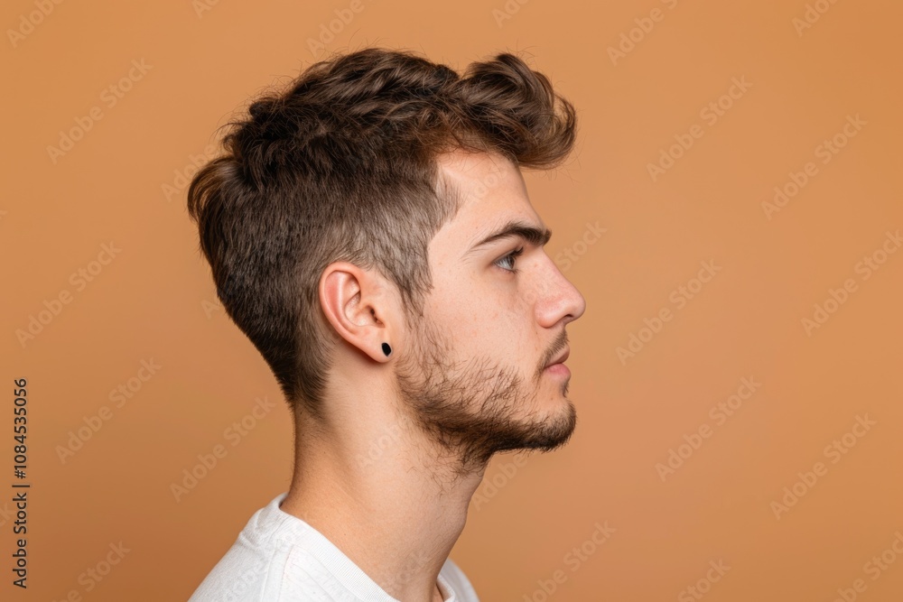 Obraz premium Serious young man profile photo with empty space background