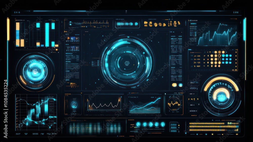 Futuristic data dashboard displaying analytics and graphs in a high-tech interface. Futuristic data dashboard displaying analytics and graphs in a high-tech interface.