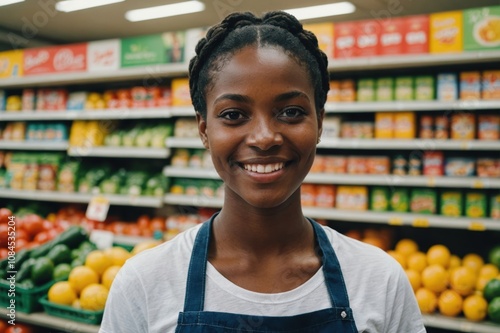 Close portrait of a smiling young Saint Kitts and Nevis female grocer standing and looking at the camera, Saint Kitts and Nevis grocery store blurred background