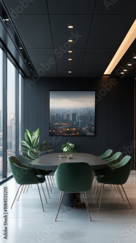 Modern conference room with city skyline view during daytime meeting