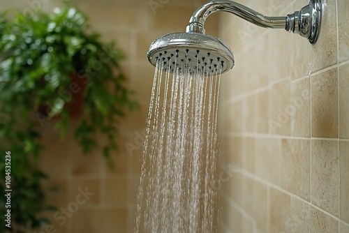 Modern overhead shower with cascading water in a sleek bathroom setting