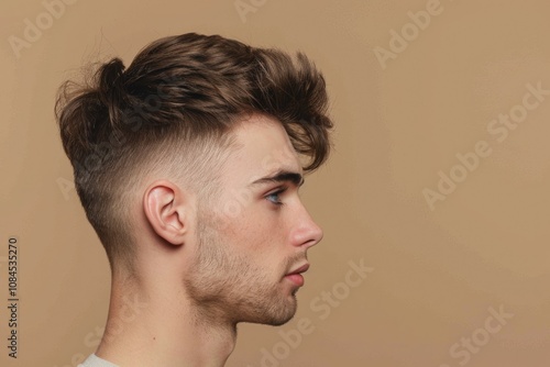 Young man with new haircut poses for profile photo.