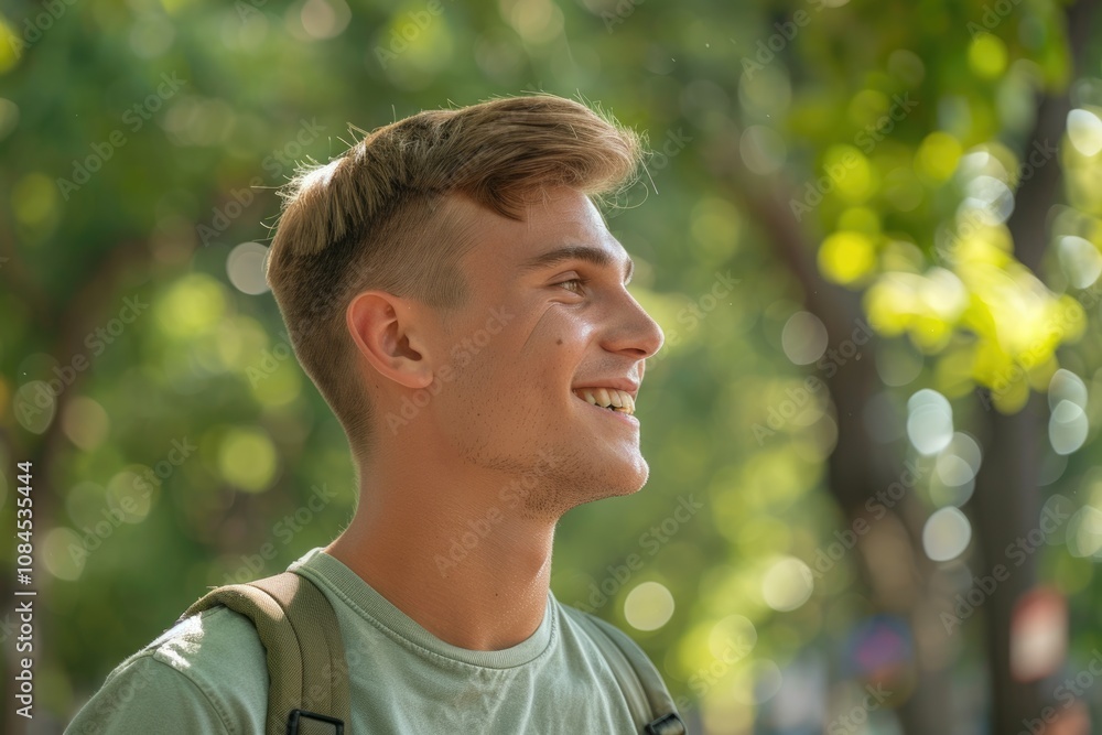 Young man smiling in nature park during summer walk. Young man smiling in nature park during summer walk.