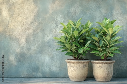 Green potted plants on a textured gray wall in a modern indoor setting