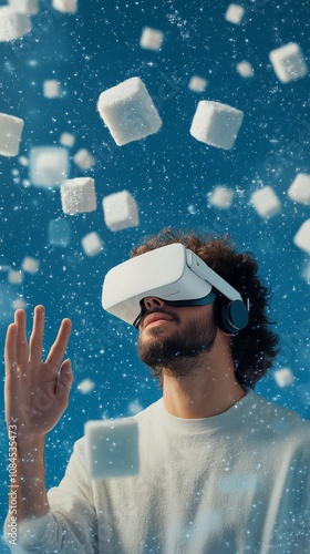 A person engages with virtual reality technology surrounded by glowing geomet...