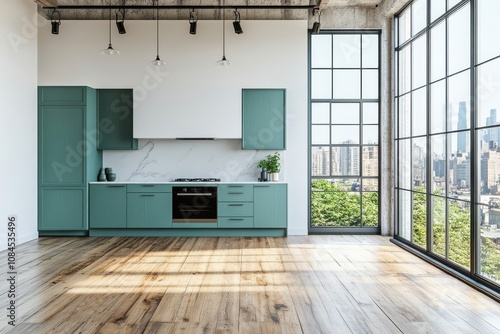 Modern kitchen design featuring green cabinets and large windows in a city sk...