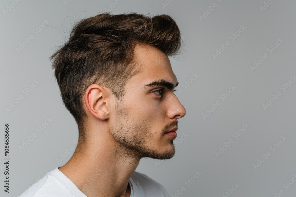 Obraz premium Handsome young man with serious expression in profile photo