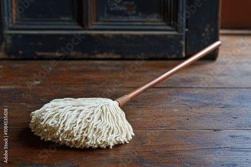 A clean white mop resting on a wooden floor in a sunlit room during the after...