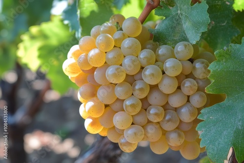 Golden grape clusters ripening in a vineyard during sunny daylight hours of l...