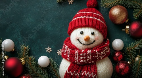 Cheerful snowman with festive decorations on a dark surface during the winter...