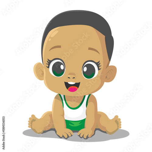 Child with beautiful green eyes and straight, black hair, boy 1-3 years old vector.