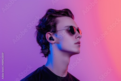 Portrait of young man in sunglasses listening to music.