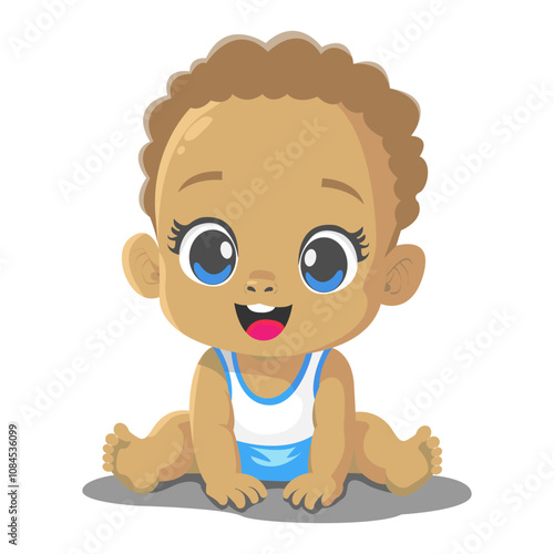 Baby with beautiful blue eyes and curly hair, boy 1-3 years old vector.