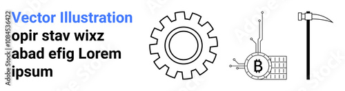 Gear, Bitcoin symbol on circuit board, and pickaxe with black text. Ideal for technology, cryptocurrency, blockchain, data mining, engineering, finance, industrial themes. Landing page