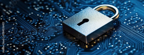 A golden padlock resting on a circuit board glowing with blue and orange ligh...