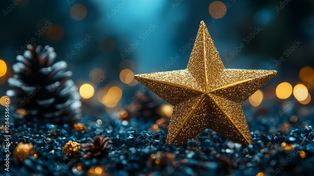Sparkling golden star decoration on festive winter background Sparkling golden star decoration on festive winter background