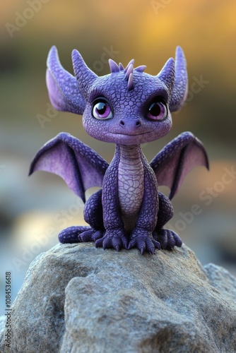 A purple dragon like creature perched on a rock in an outdoor natural setting...
