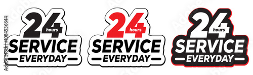 24 hour everyday service sticker design.24 hours support a variety of symbols, icons, badges, labels, and stickers for Customer Service, Support, and Call Center Concept Isolated on a White Background