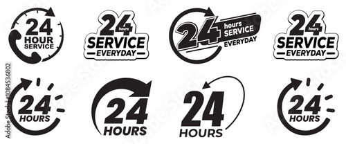 24 hours support a variety of symbols, icons, badges, labels, and stickers for Customer Service, Support, and Call Center Concept Isolated on a White Background.