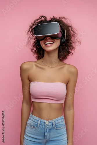 Young woman enjoying virtual reality experience in a playful setting with pin...
