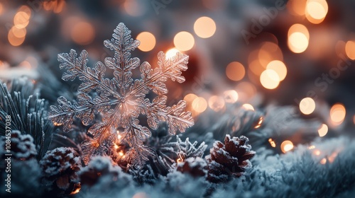 Delicate snowflake resting on a surface of shimmering ice crystals with a war...