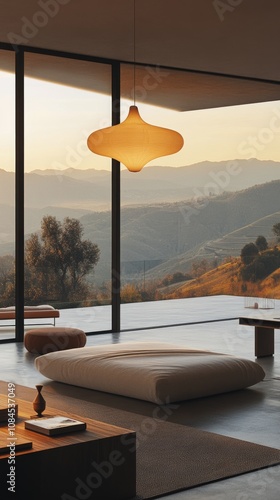 A serene bedroom with a breathtaking mountain view and minimalist design in n...