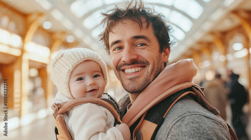 Obraz premium Father smiling and carrying his baby in a carrier in a mall
