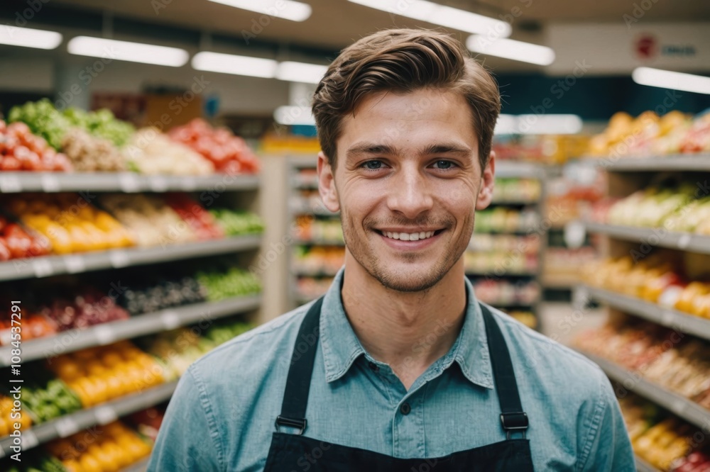 Close portrait of a smiling young Slovenian male grocer standing and looking at the camera, Slovenian grocery store blurred background Close portrait of a smiling young Slovenian male grocer standing and looking at the camera, Slovenian grocery store blurred background