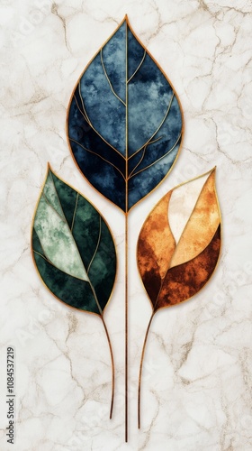 Colorful abstract leaves design with blue, green, and orange tones on a textu...