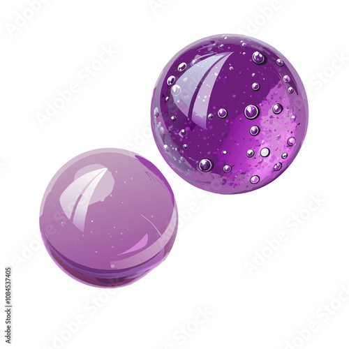 Purple glass beads and violet epoxy resin spheres. Realistic 3D vector droplets with transparency effects and a transparent background. Crystal spheres featuring tiny bubbles