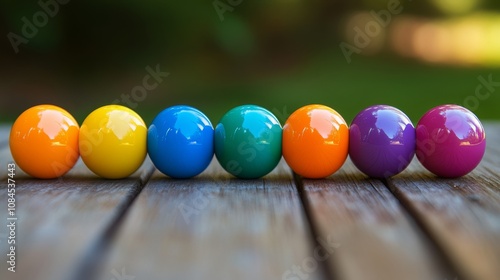 Colorful spherical objects arranged on a wooden surface outdoors during daytime