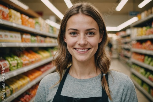 Close portrait of a smiling young Slovenian female grocer standing and looking at the camera, Slovenian grocery store blurred background