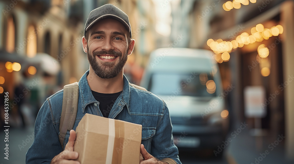 smiling man in a baseball cap is holding a cardboard box. He's outdoors, likely a delivery person smiling man in a baseball cap is holding a cardboard box. He's outdoors, likely a delivery person