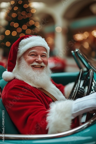 Santa Claus drives a convertible car with a joyful expression during the holi...