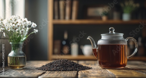 Tea brewing with a ceramic teapot and fresh leaves on a wooden table at a coz...