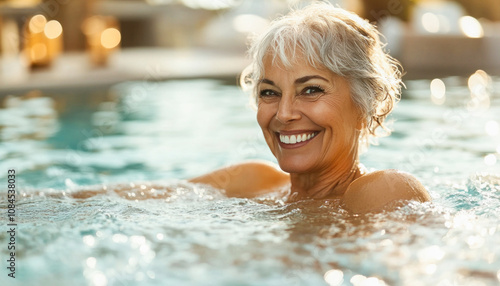 Happy senior woman relaxing in swimming pool smiling and enjoying summer vacation