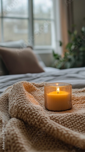 Cozy bedroom setting with a lit candle on a soft blanket and a view of natura...
