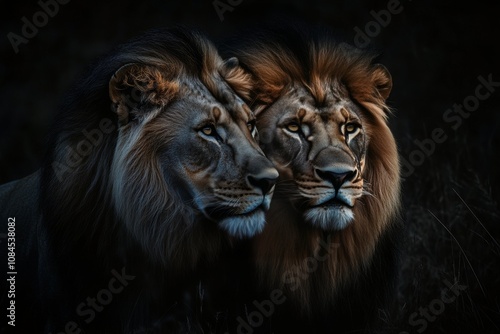 Two majestic lions stand side by side in a natural habitat during a cloudy day