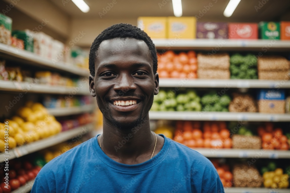 Close portrait of a smiling young South Sudanese male grocer standing and looking at the camera, South Sudanese grocery store blurred background Close portrait of a smiling young South Sudanese male grocer standing and looking at the camera, South Sudanese grocery store blurred background
