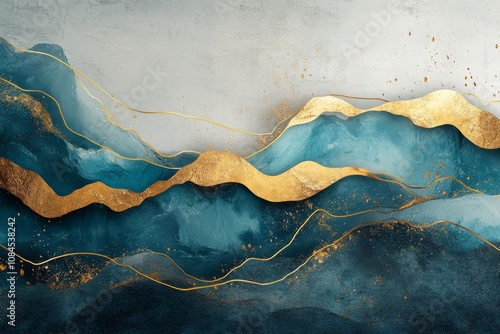 Abstract landscape with flowing waves of dark blue and gold highlights in a s...