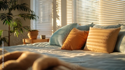 Cozy bedroom with natural light and soft textures in a tranquil setting