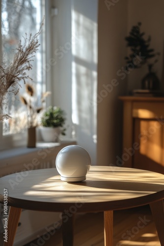 A sunny morning light illuminating a decorative orb on a wooden table with pl...