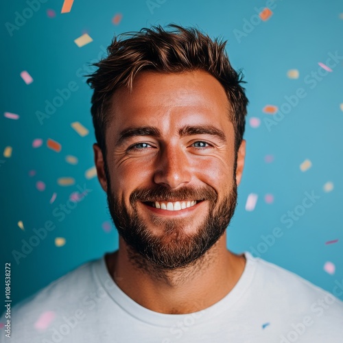 Man smiling joyfully amid colorful confetti with a blue background during a c...