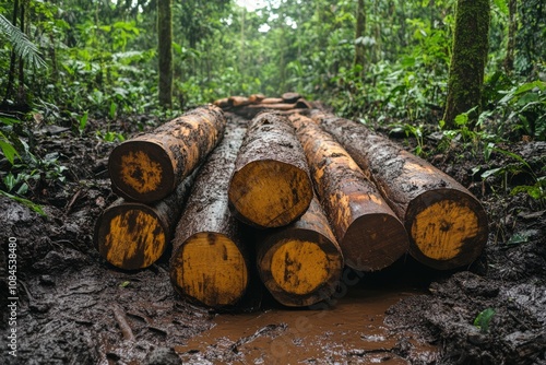 Logs lined up on a muddy trail in a lush forest environment during the daytime hours photo