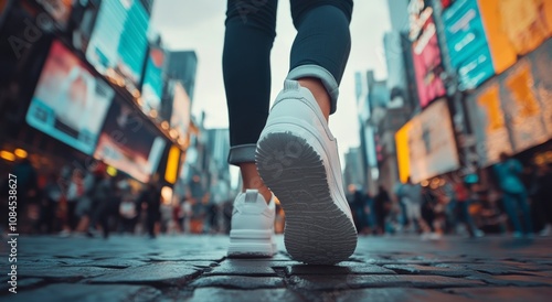 A person in white sneakers stands in rainy Times Square amid bright ads